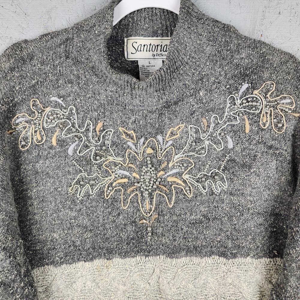 Vintage Santoria Sweater Womens Large Gray Beaded Silk Angora Geometric 90s Wool